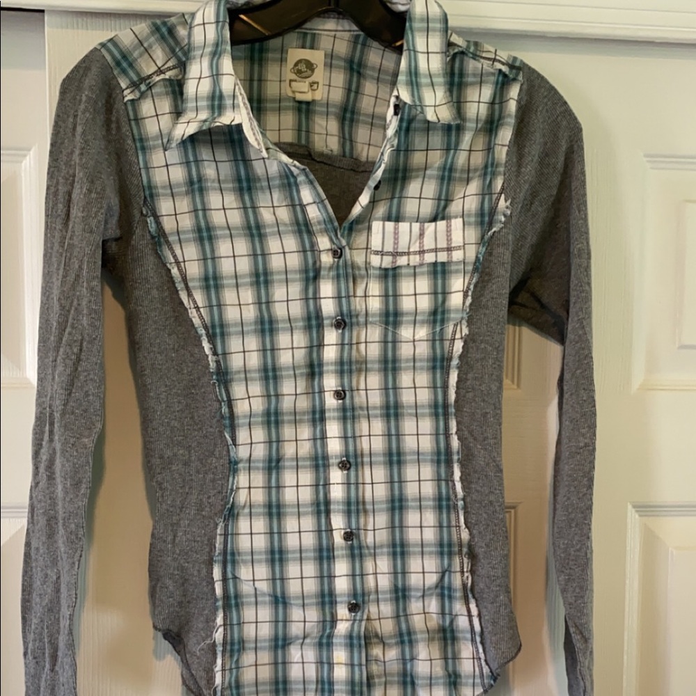 Plaid and gray long sleeve shirt